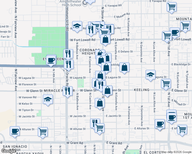 map of restaurants, bars, coffee shops, grocery stores, and more near 21 West Laguna Street in Tucson