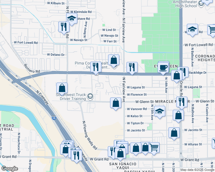 map of restaurants, bars, coffee shops, grocery stores, and more near 1067 West Miracle Mile in Tucson