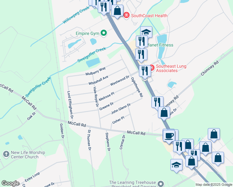 map of restaurants, bars, coffee shops, grocery stores, and more near 121 Melrose Place in Rincon