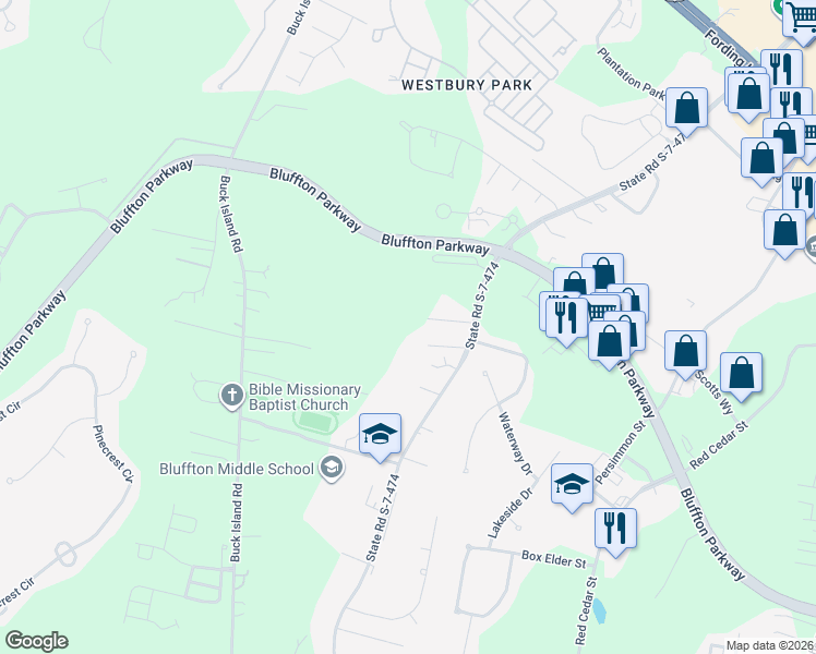 map of restaurants, bars, coffee shops, grocery stores, and more near 22 Phoenix Road in Bluffton