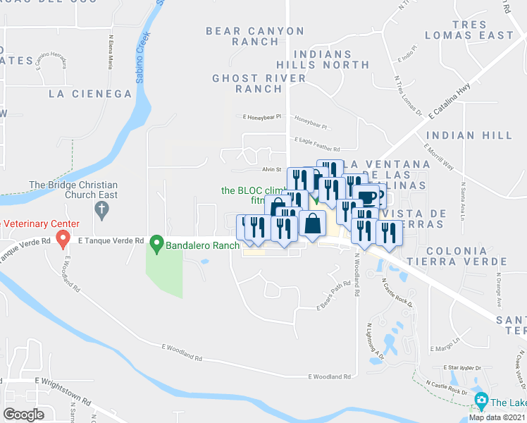 map of restaurants, bars, coffee shops, grocery stores, and more near 8801 E Tanque Verde Rd in Tucson