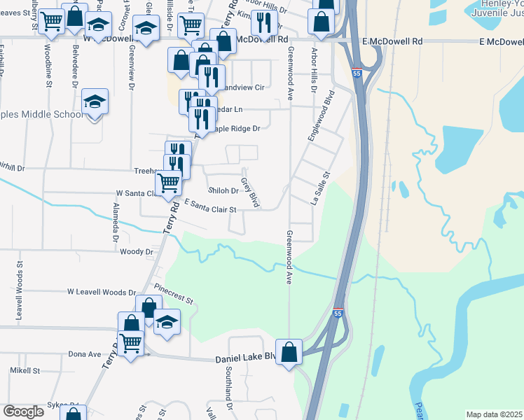 map of restaurants, bars, coffee shops, grocery stores, and more near 300 East Santa Clair Street in Jackson