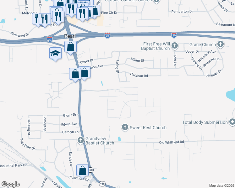 map of restaurants, bars, coffee shops, grocery stores, and more near 1008 Riverwood Cove in Pearl