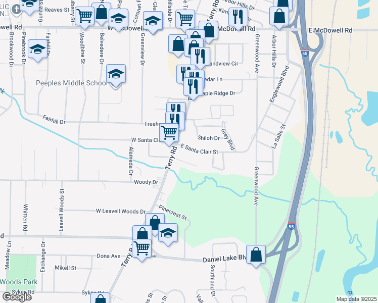 map of restaurants, bars, coffee shops, grocery stores, and more near 121 East Santa Clair Street in Jackson