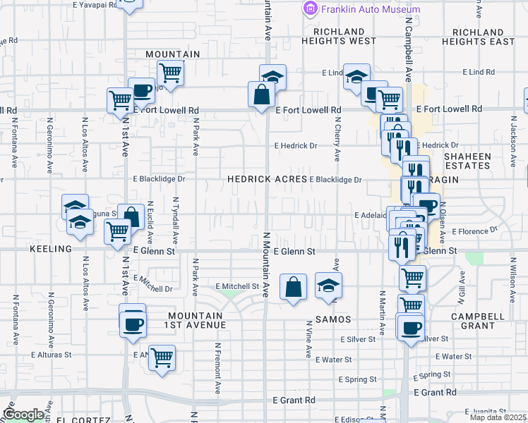 map of restaurants, bars, coffee shops, grocery stores, and more near 2848 North Mountain Avenue in Tucson