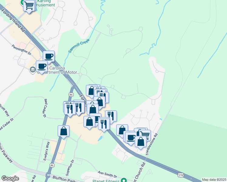 map of restaurants, bars, coffee shops, grocery stores, and more near 34 Meridian Point Drive in Bluffton