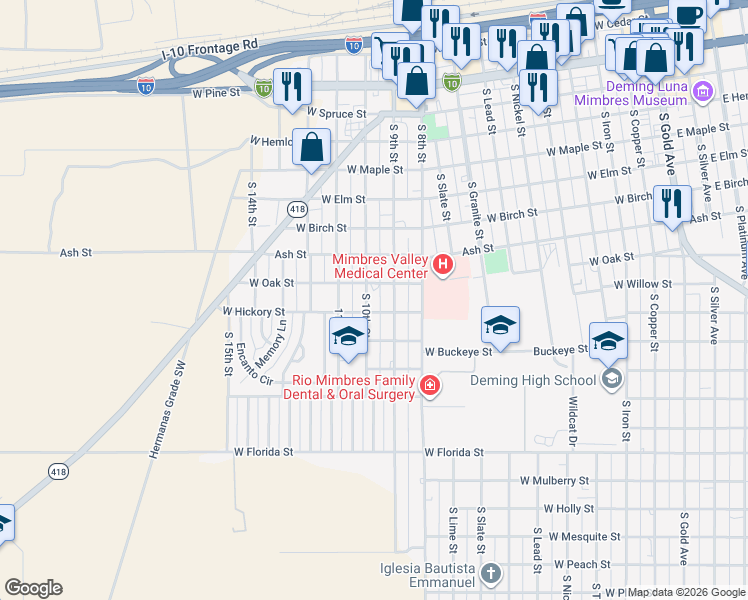 map of restaurants, bars, coffee shops, grocery stores, and more near 1000-1020 West Hickory Street in Deming