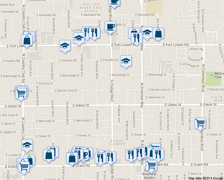map of restaurants, bars, coffee shops, grocery stores, and more near N Dodge Blvd & E Monte Vista Dr in Tucson