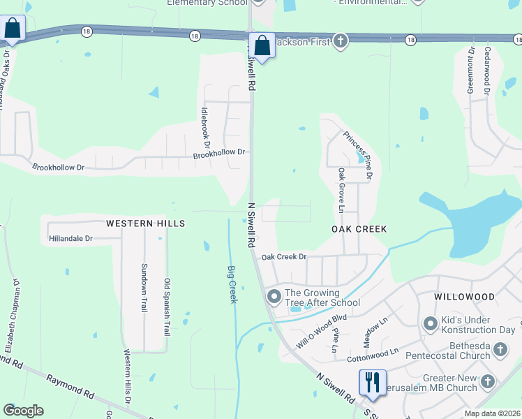 map of restaurants, bars, coffee shops, grocery stores, and more near 2260-2510 N Siwell Rd in Jackson