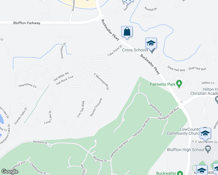 map of restaurants, bars, coffee shops, grocery stores, and more near 27 East Morningside Drive in Bluffton
