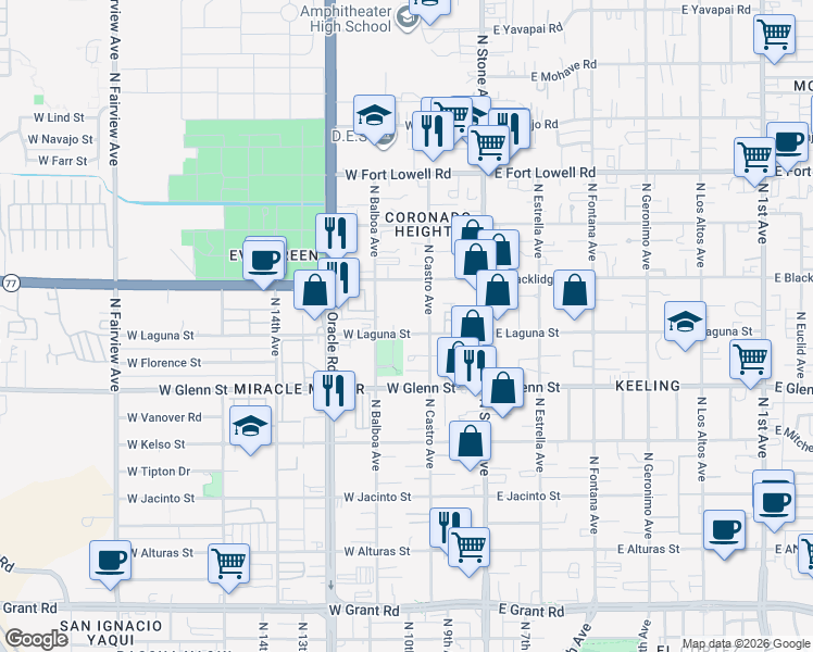 map of restaurants, bars, coffee shops, grocery stores, and more near 2841 North Castro Avenue in Tucson