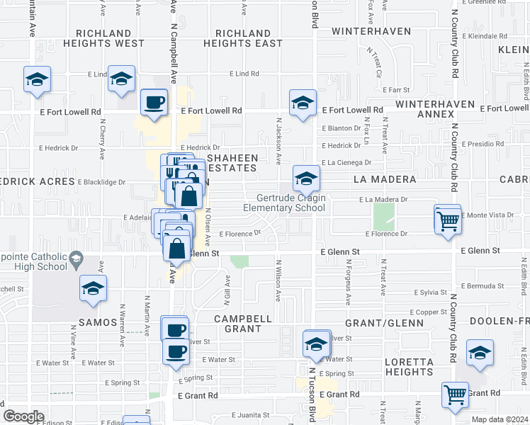 map of restaurants, bars, coffee shops, grocery stores, and more near 2901 N Jackson Dr in Tucson