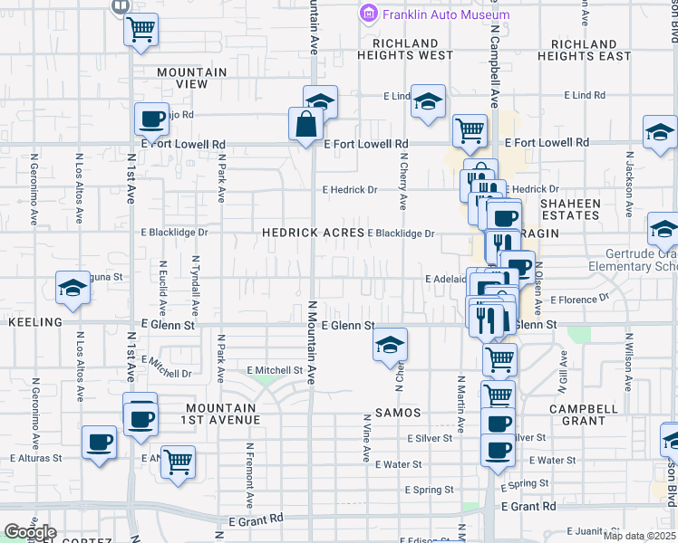 map of restaurants, bars, coffee shops, grocery stores, and more near 1401 East Adelaide Drive in Tucson