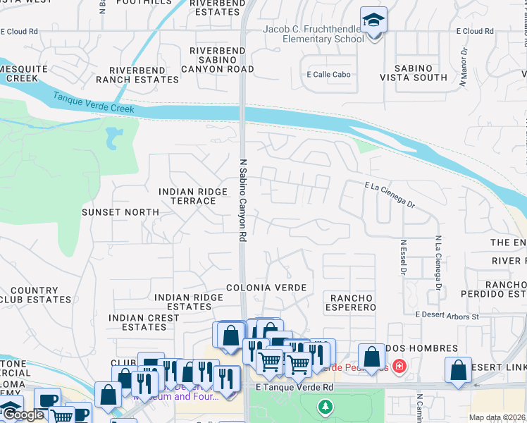 map of restaurants, bars, coffee shops, grocery stores, and more near 7163 East Placita Rancho La Cholla in Tucson