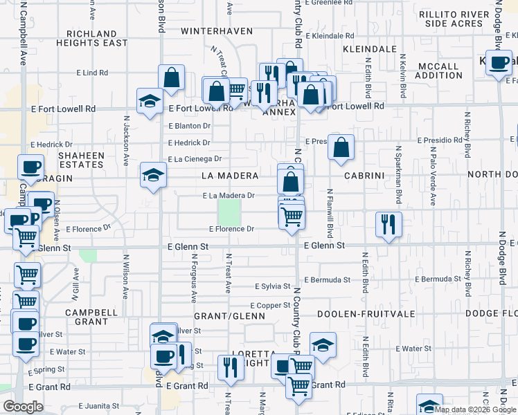 map of restaurants, bars, coffee shops, grocery stores, and more near 2825 East Florence Drive in Tucson