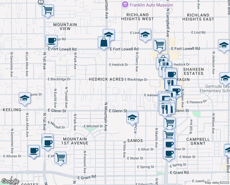 map of restaurants, bars, coffee shops, grocery stores, and more near 1410 East Adelaide Drive in Tucson
