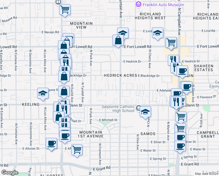 map of restaurants, bars, coffee shops, grocery stores, and more near 1220 East Adelaide Drive in Tucson