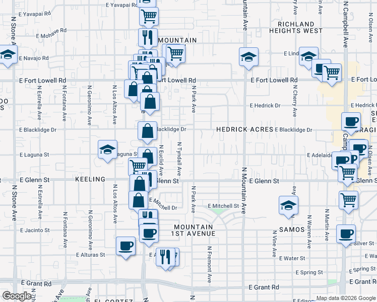 map of restaurants, bars, coffee shops, grocery stores, and more near 2890 North Park Avenue in Tucson