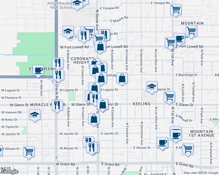 map of restaurants, bars, coffee shops, grocery stores, and more near 2841 North Estrella Avenue in Tucson