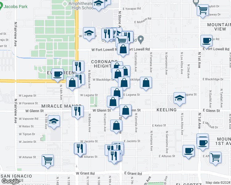 map of restaurants, bars, coffee shops, grocery stores, and more near 21 West Laguna Street in Tucson