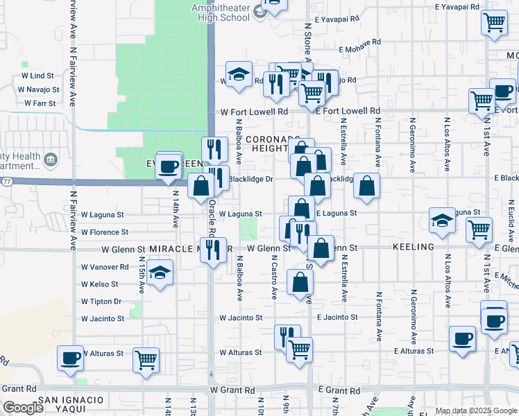 map of restaurants, bars, coffee shops, grocery stores, and more near 2841 North Castro Avenue in Tucson