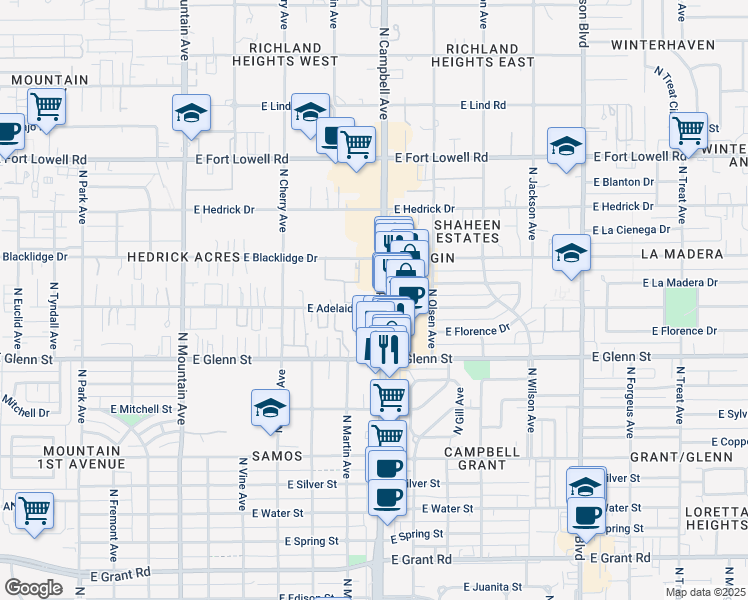 map of restaurants, bars, coffee shops, grocery stores, and more near 2885 North Campbell Avenue in Tucson