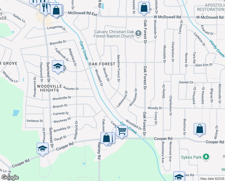 map of restaurants, bars, coffee shops, grocery stores, and more near 1317 Woody Drive in Jackson