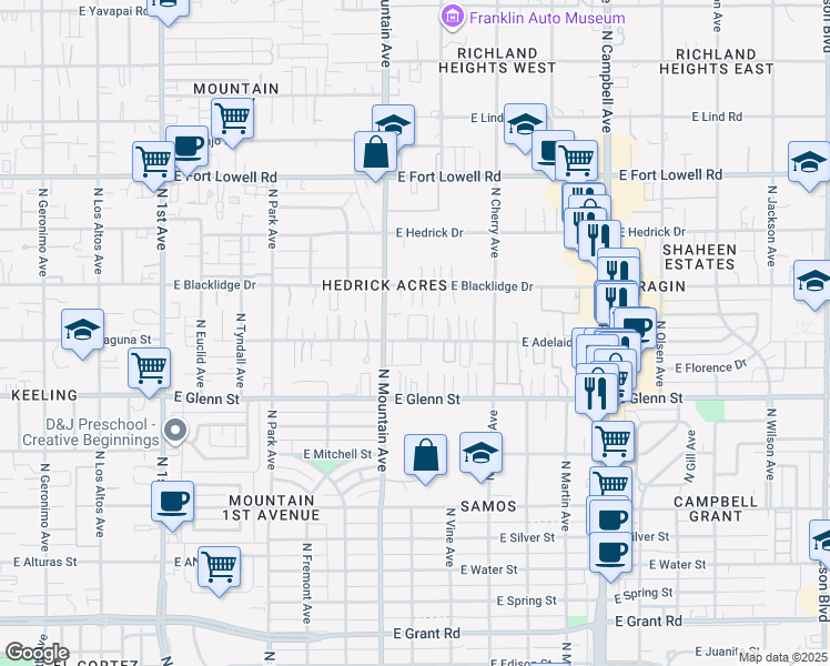 map of restaurants, bars, coffee shops, grocery stores, and more near 1401 East Adelaide Drive in Tucson