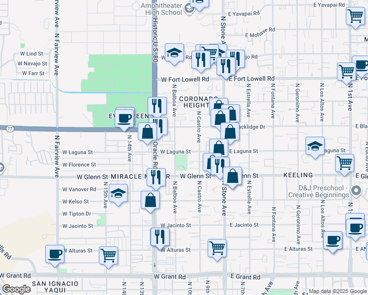 map of restaurants, bars, coffee shops, grocery stores, and more near 2874 North Balboa Avenue in Tucson