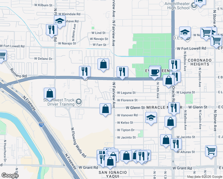 map of restaurants, bars, coffee shops, grocery stores, and more near 118 North Fairview Avenue in Tucson