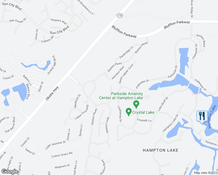 map of restaurants, bars, coffee shops, grocery stores, and more near 119 Weston Court in Bluffton