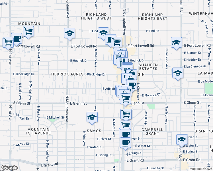 map of restaurants, bars, coffee shops, grocery stores, and more near 1810 East Blacklidge Drive in Tucson