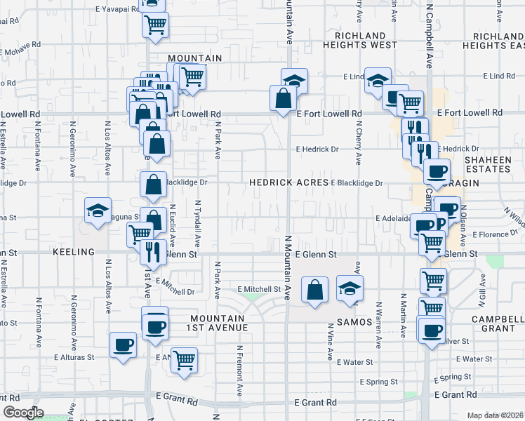 map of restaurants, bars, coffee shops, grocery stores, and more near in Tucson