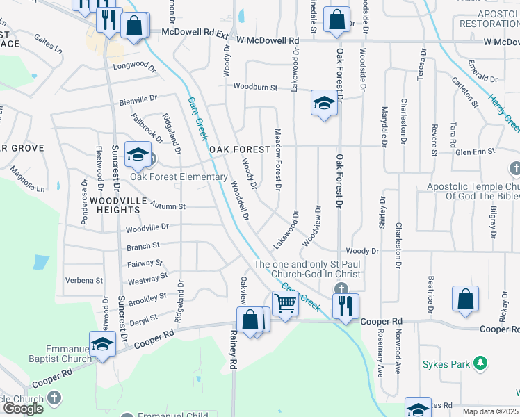map of restaurants, bars, coffee shops, grocery stores, and more near 1325 Woody Drive in Jackson
