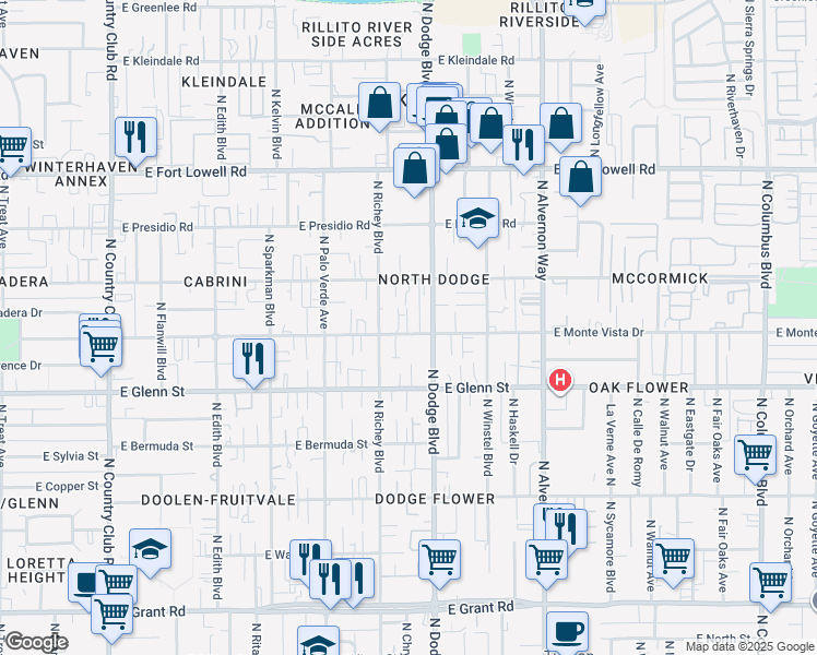 map of restaurants, bars, coffee shops, grocery stores, and more near 3623 East Monte Vista Drive in Tucson