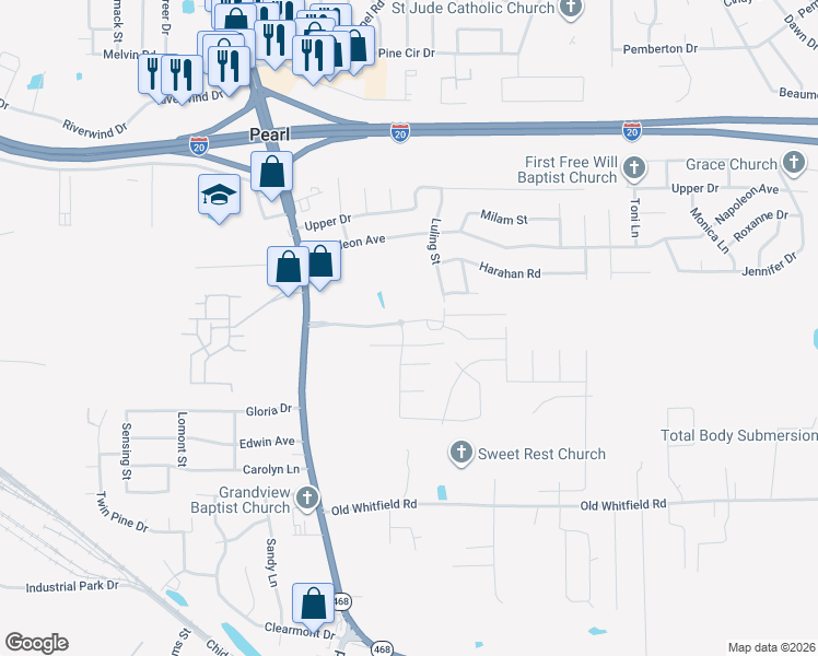 map of restaurants, bars, coffee shops, grocery stores, and more near 105 River Ridge Parkway in Pearl