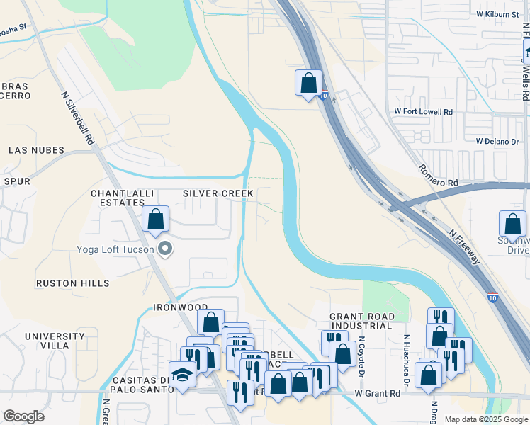 map of restaurants, bars, coffee shops, grocery stores, and more near 2052 West Silver Honey Place in Tucson