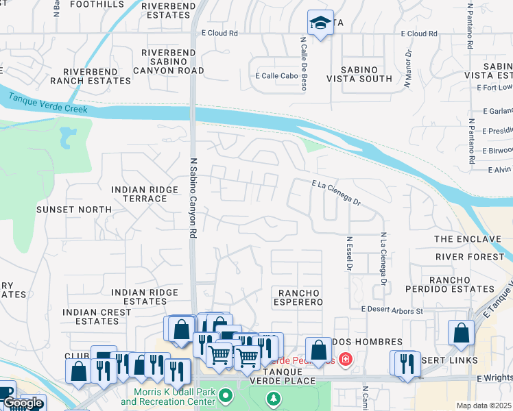 map of restaurants, bars, coffee shops, grocery stores, and more near 2925 North Cascada Circle in Tucson
