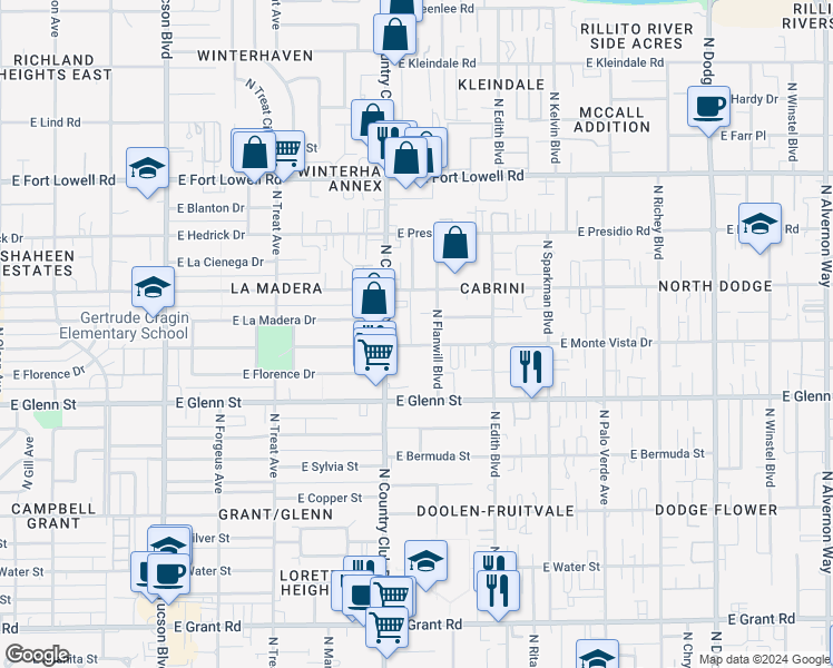 map of restaurants, bars, coffee shops, grocery stores, and more near 2945 North Flanwill Boulevard in Tucson