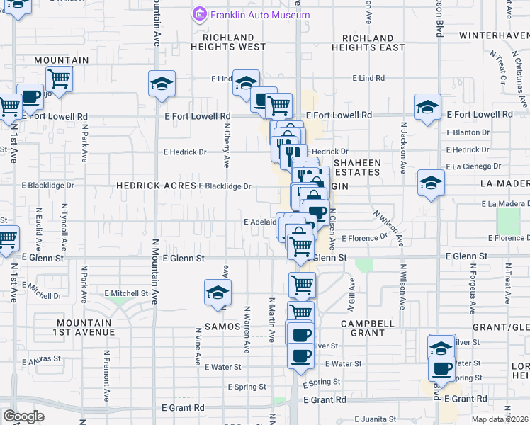 map of restaurants, bars, coffee shops, grocery stores, and more near 1810 East Blacklidge Drive in Tucson