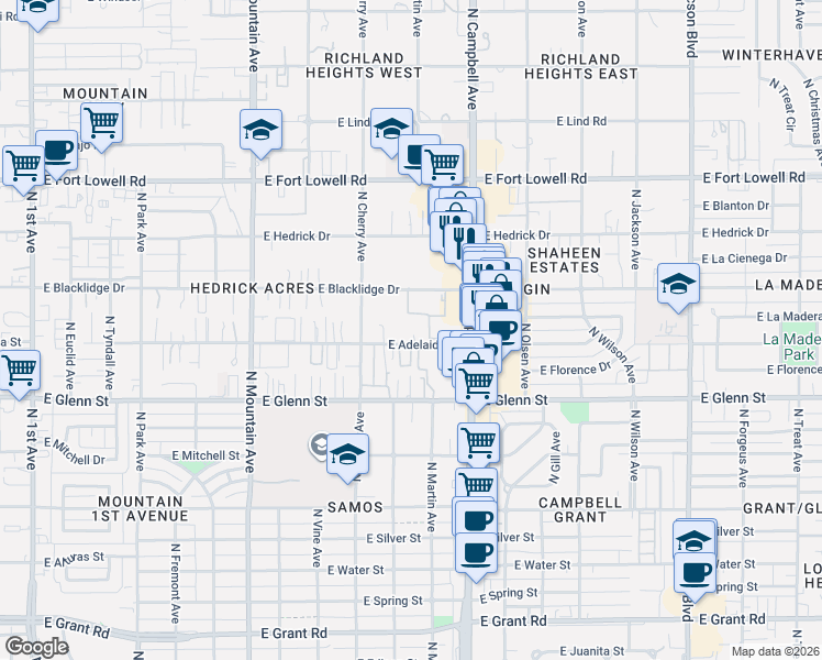 map of restaurants, bars, coffee shops, grocery stores, and more near 1810 East Blacklidge Drive in Tucson