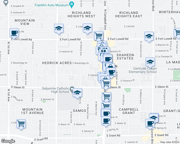 map of restaurants, bars, coffee shops, grocery stores, and more near 1810 East Blacklidge Drive in Tucson
