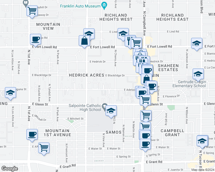map of restaurants, bars, coffee shops, grocery stores, and more near 1548 East Blacklidge Drive in Tucson