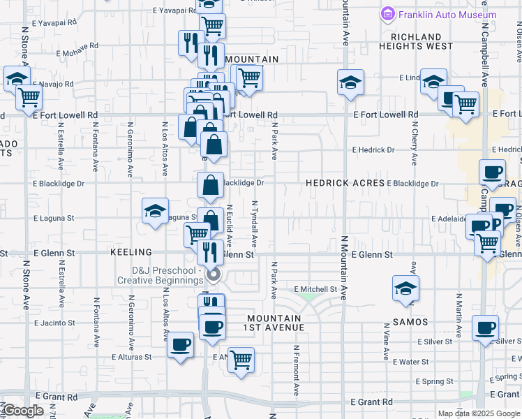 map of restaurants, bars, coffee shops, grocery stores, and more near 2936 North Tyndall Avenue in Tucson