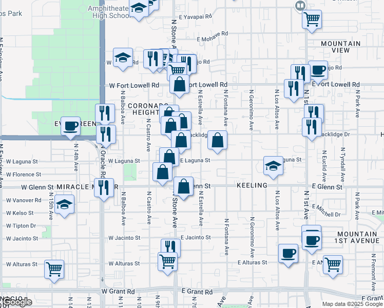 map of restaurants, bars, coffee shops, grocery stores, and more near 2931 North Estrella Avenue in Tucson