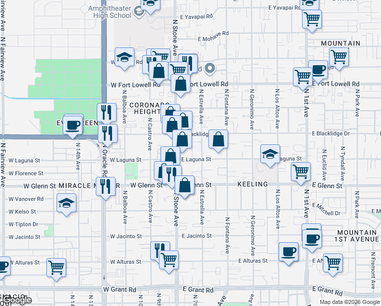 map of restaurants, bars, coffee shops, grocery stores, and more near 2930 North Stone Avenue in Tucson