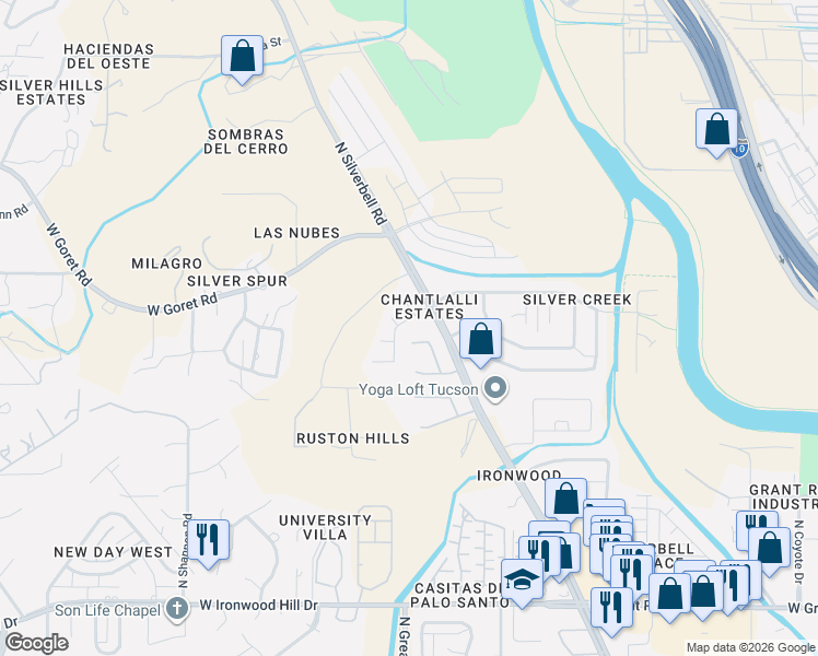 map of restaurants, bars, coffee shops, grocery stores, and more near 2932 North Chante Court in Tucson