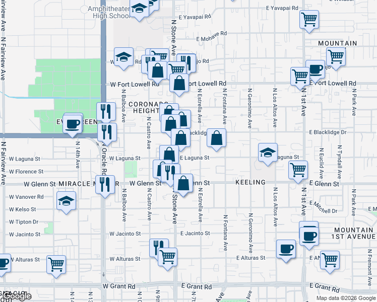 map of restaurants, bars, coffee shops, grocery stores, and more near 81 East Laguna Street in Tucson