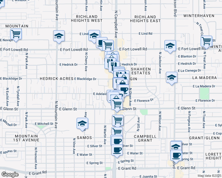 map of restaurants, bars, coffee shops, grocery stores, and more near 2937 North Campbell Avenue in Tucson