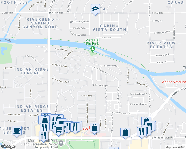 map of restaurants, bars, coffee shops, grocery stores, and more near 2940 North La Chiquita Avenue in Tucson